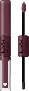 NYX Professional Makeup pomadka w płynie z sercem, odcień śliwki, otwarta z aplikatorem i szklanym wykończeniem.