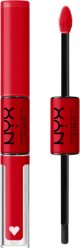 NYX Professional Makeup dwustronna czerwona pomadka w płynie, jedna zamknięta z sercem, druga otwarta z aplikatorem.