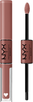 NYX Professional Makeup dwustronna pomadka w płynie w odcieniu różowego nude. Widok na zamkniętą i otwartą z aplikatorem.