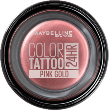 Maybelline Color Tattoo 24HR kremowy cień w odcieniu Pink Gold, widok z góry, w czarnym słoiczku.