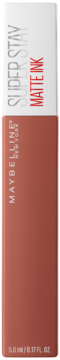 Maybelline Super Stay Matte Ink, matowa szminka w odcieniu ciepłego brązu, widok z przodu pionowej tubki z białym wieczkiem.