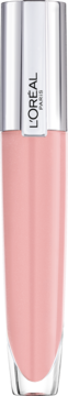 Różowy błyszczyk L'Oréal Plump-In-Gloss w przezroczystej butelce ze srebrną nakrętką, widok z przodu.
