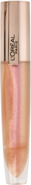 L'Oréal Brilliant Signature Plump-In-Gloss w przezroczystej butelce z różowo-złotą zakrętką, produkt o irydującym blasku.