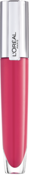 Różowy błyszczyk L'Oréal Brilliant Signature Plump-In-Gloss w przezroczystej butelce, srebrna nakrętka, widok z przodu.