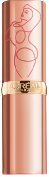 L'Oréal Color Riche Les Nus lipstick, rose gold tube with gold band and abstract female silhouette art.