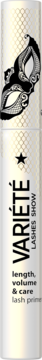 VARIÉTÉ lash primer, light gold & silver tube with black masquerade mask. Vertical view, shows length, volume & care.