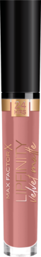 Matowa pomadka Max Factor Lipfinity Velvet Matte w odcieniu różowego beżu, w przezroczystej tubie, widok z przodu.