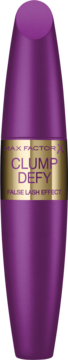 Fioletowy tusz Max Factor Clump Defy False Lash Effect, złota etykieta z fioletowym napisem, widok z przodu.