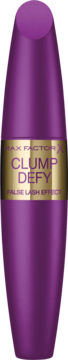 Fioletowy tusz Max Factor Clump Defy False Lash Effect, złota etykieta z fioletowym napisem, widok z przodu.