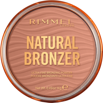 Rimmel Natural Bronzer Sunlight 001, okrągły puder brązujący z falistym wzorem, ciepły odcień, widok z góry.