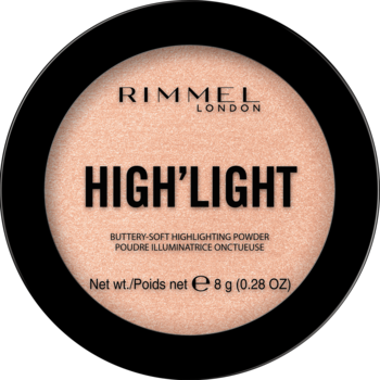 Rimmel High'light, rozświetlający puder do twarzy o beżowym odcieniu, w okrągłym czarnym kompakcie, widok z góry.