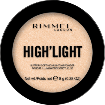 Rimmel High'Light rozświetlacz 001 Stardust, okrągły czarny kompakt z beżowym pudrem, widok z góry.