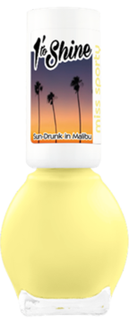 Lakier do paznokci Miss Sporty 1' To Shine, jasnożółty, z etykietą "Sun-Drunk In Malibu", widok z przodu.