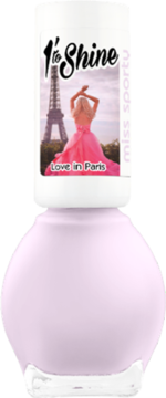 Jasnofioletowy lakier do paznokci 1'to Shine Love in Paris. Okrągła butelka z etykietą Miss Sporty.