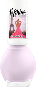 Jasnofioletowy lakier do paznokci 1'to Shine Love in Paris. Okrągła butelka z etykietą Miss Sporty.