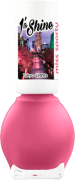 Lakier do paznokci Miss Sporty 1'To Shine Tokyo Lights, intensywny róż. Widok z przodu, okrągła butelka, biała nakrętka z pejzażem.