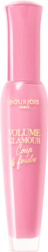 Różowy tusz do rzęs Bourjois Volume Glamour Coup de Foudre, butelka ze złotymi napisami, widok z przodu.