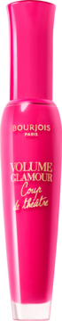Intensywnie różowy tusz Bourjois Volume Glamour Coup de Th&#233;&#226;tre, błyszcząca butelka z złotymi napisami, widok frontalny.