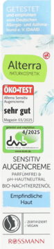 Alterra Sensitiv Augencreme w białej tubce z zielonym logo, ÖKO-TEST, certyfikat DAAB i Vegan, dla skóry wrażliwej.