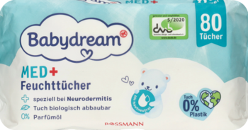 Opakowanie chusteczek Babydream MED+ nawilżanych, biało-niebieskie, 80 sztuk, do skóry atopowej, bez plastiku.