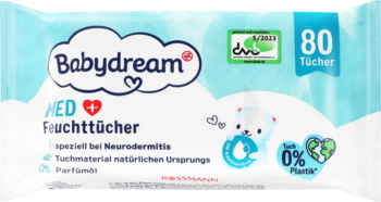 Biało-niebieskie opakowanie Babydream MED chusteczki nawilżane 80 szt. bez plastiku, do skóry atopowej, widok z przodu.