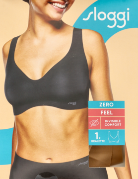 Sloggi Zero Feel biustonosz bralette w kolorze czarnym na modelce, z kartą produktu i beżowym wariantem.