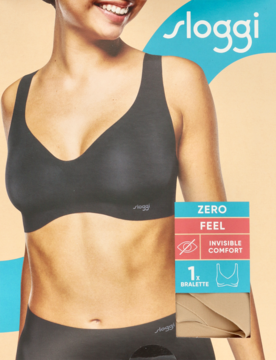 Sloggi Zero Feel braletka na modelce w czarnej, bezszwowej wersji, obok beżowe opakowanie 'ZERO FEEL'.