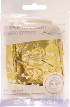 Złoty, błyszczący czepek termiczny Turbo Effect w przezroczystym opakowaniu. Foliowy, do wzmocnienia zabiegów na włosy.