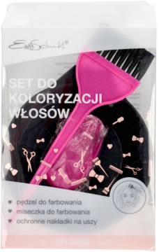 Zestaw do koloryzacji włosów: różowy pędzel, miseczka i nakładki w przezroczystym opakowaniu.