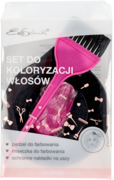 Zestaw do koloryzacji włosów: różowy pędzel, miseczka i nakładki w przezroczystym opakowaniu.