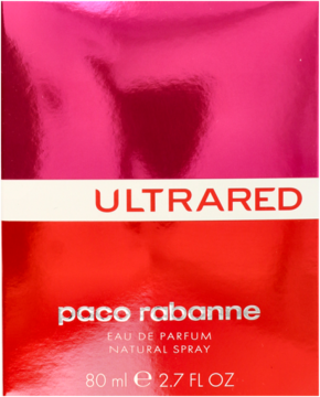 Lśniące, dwukolorowe pudełko Paco Rabanne Ultrared Eau de Parfum, różowo-czerwone, widok z przodu, 80 ml.