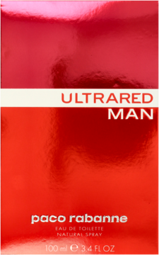 Błyszczący, czerwony kartonik Paco Rabanne Ultrared Man Eau de Toilette, widok z przodu, biały pasek.