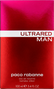 Paco Rabanne Ultrared Man woda toaletowa 100 ml, czerwone błyszczące pudełko z białym paskiem, widok z przodu.