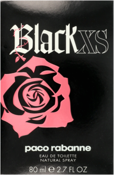 Paco Rabanne Black XS for Her 80ml EDT, czarne pudełko z dużą różową różą i gotyckim logo XS.