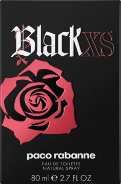 Paco Rabanne Black XS for Her Eau de Toilette, czarne opakowanie z dużą różową różą, widok z przodu.