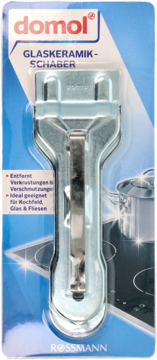 Metal Domol ceramic hob scraper in blue blister pack, front view, with text GLASKERAMIK-SCHABER for cleaning.