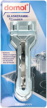 Metal Domol ceramic hob scraper in blue blister pack, front view, with text GLASKERAMIK-SCHABER for cleaning.
