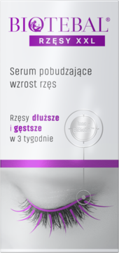Biotebal Rzęsy XXL serum do rzęs w pionowym, białym pudełku, z fioletowym logo i ilustracją długich rzęs.