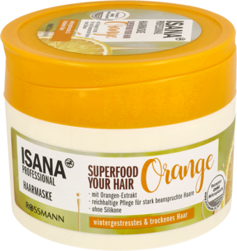 Maska Isana Superfood Your Hair Orange do włosów suchych, w białym słoiku z pomarańczową zakrętką, widok z przodu.