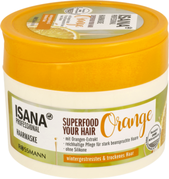 Maska Isana Superfood Your Hair Orange do włosów suchych, w białym słoiku z pomarańczową zakrętką, widok z przodu.