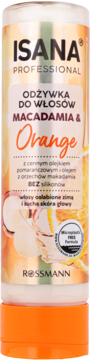 Isana Professional Odżywka Macadamia & Orange 250ml, biała butelka z grafiką, bez silikonów, widok z przodu.