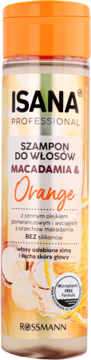 Isana Professional szampon Macadamia & Orange do włosów osłabionych zimą, przezroczysta butelka z pomarańczową nakrętką.