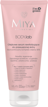 Miya Cosmetics BODY.lab olejkowe serum rewitalizujące w różowej tubce z białym korkiem, widok z przodu.