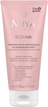Miya Cosmetics BODY.lab olejkowe serum rewitalizujące w różowej tubce z białym korkiem, widok z przodu.