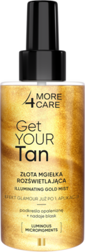 More4Care Get Your Tan! Złota mgiełka rozświetlająca, butelka z błyszczącym złotym płynem, widok z przodu.
