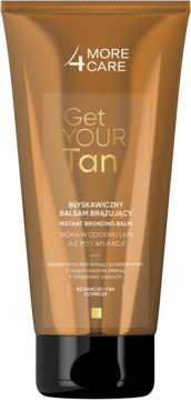 Bronzowy balsam brązujący Get Your Tan 4 MORE CARE, tubka z czarną zakrętką, widok z przodu. Błyskawiczny efekt opalenizny.