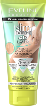 Zielono-żółta tubka Eveline Slim Extreme 4D Laser Serum, koncentrat przeciw rozstępom, widok z przodu.