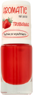 Czerwony lakier Ados Aromatic Truskawka, butelka z etykietą truskawki, pachnie po wyschnięciu.