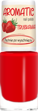 Czerwony lakier do paznokci Aromatic Truskawka, butelka z etykietą truskawek i napisem "Pachnie po wyschnięciu".