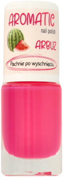 Różowy lakier do paznokci Ados Aromatic Arbuz w butelce, widok z przodu. Zapach po wyschnięciu.